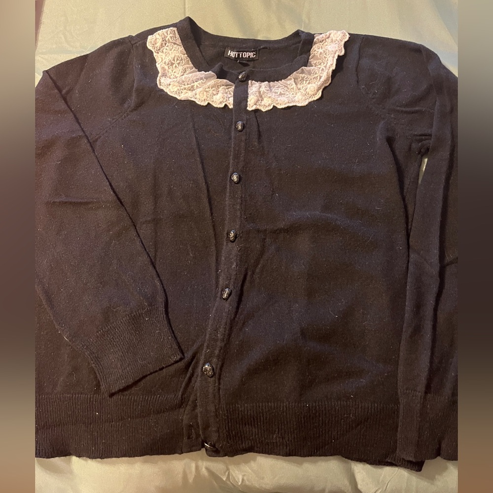 Hot Topic Black Cardigan with White Lace Collar